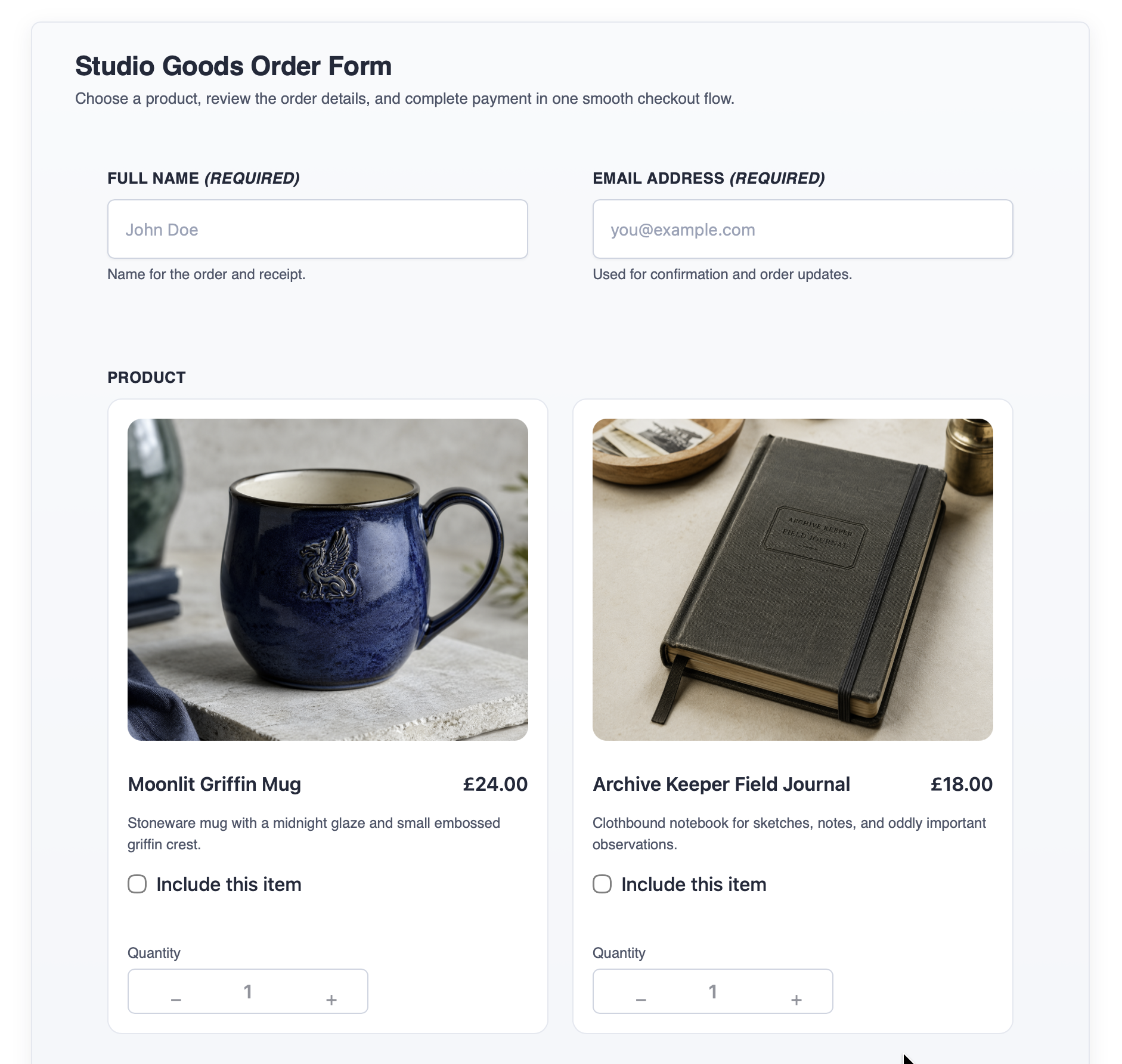 Form builder view showing a Studio Goods order form with customer details, product selection, and shipping fields