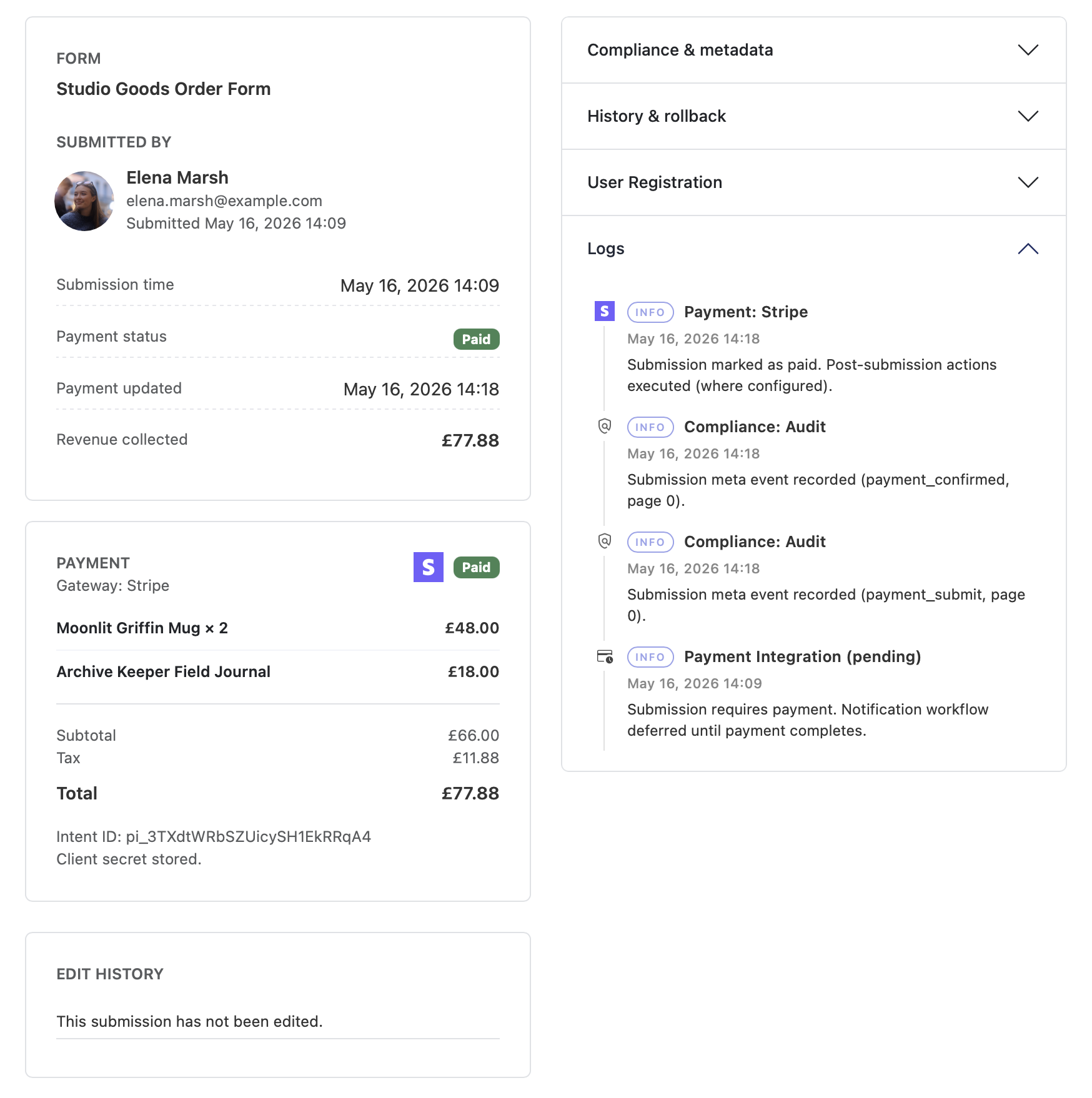 Paid submission admin view showing payment status, totals, and order details