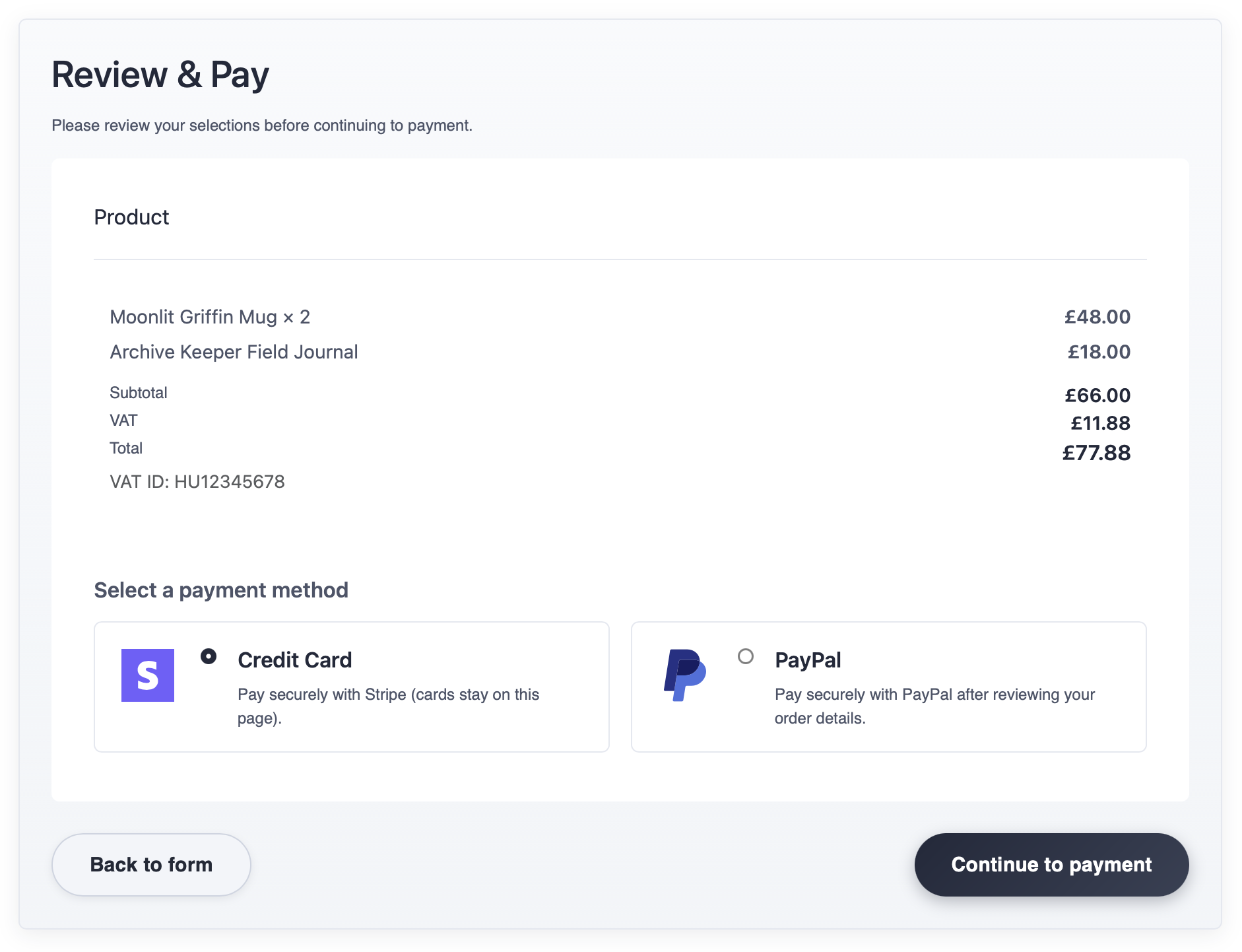 Review and pay screen showing selected products, totals, and Stripe and PayPal payment options