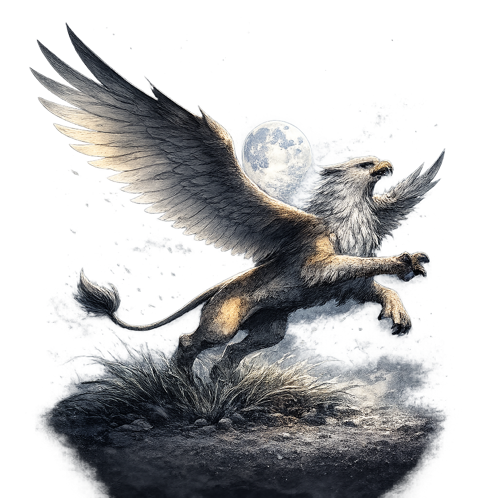 A moonlit griffin launching into flight to represent publishing with GriffinForms in dark mode